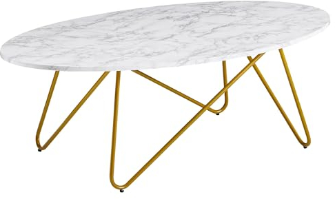 FineBuy Couchtisch 120x40x60 cm mit Marmor Optik Weiß, Wohnzimmertisch mit Metall-Gestell, Sofatisch Oval Tisch Wohnzimmer, Loungetisch