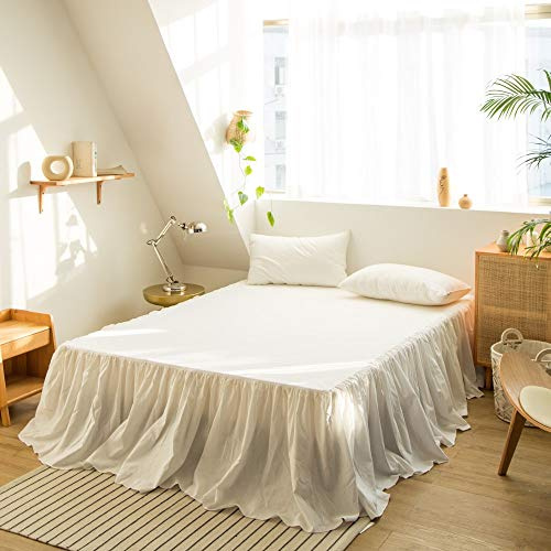 BISELINA French Linen Bed Skirt with Pleated Frills 18-Inch Tailored Drop Natural Flax Cotton Blend Dust Ruffle Soft Cozy Farmhouse Bedding (18 Full, Ruffle White)
