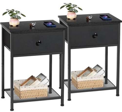 AMHANCIBLE Bedside Table, Side Tables Set of 2 with Fabric Drawer, Sofa Table with Storage Shelf, Nightstand with Metal Frame, Coffee Table for Bedroom, Living Room, Black, HET03SDBK