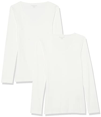 Amazon Essentials Camisas de Manga Larga con Cuello en V Acanalado y Corte Ajustado (Disponibles en Tallas Grandes) Mujer, Pack de 2, Blanco, XXL
