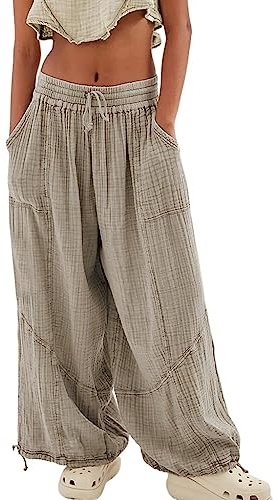 Pantalon Ample Décontracté en Coton et Lin pour Femmes Pantalon Lanterne à Taille Élastique et Coupe Décontractée Pantalon Sarouel D'été pour la Plage (Color : Gray, Size : S)