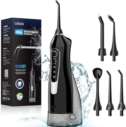 COSLUS Irrigador Bucal Portatil Flosser: 300ML Irrigador Dental Inalámbrico de Riego para Limpieza Dental Doble chorro de agua IPX7 Impermeable Limpieza Diente Para el Hogar baño y los Viajes Negro