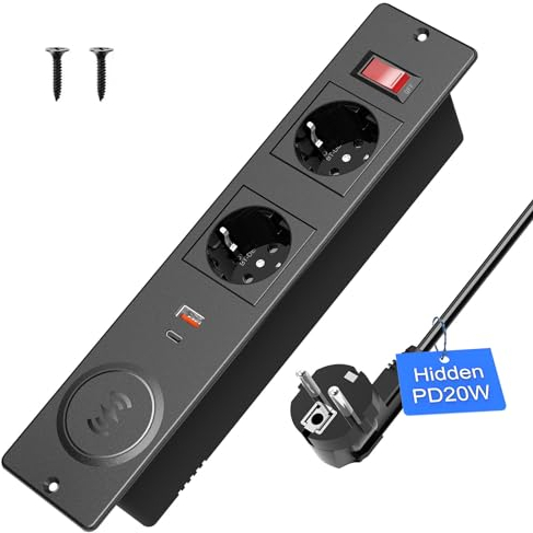 Tischsteckdose Einbausteckdose mit 15W Kabellosem Laden, Versenkte Steckdose mit USB-C PD20W, 2-Fach Steckdosenleiste mit Schalter,2m Kabel,Schwarz