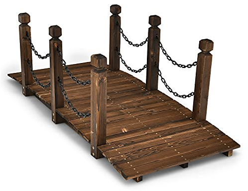 SOARS Holzbrücke mit Geländer & Ketten, Gartenbrücke aus Fichtenholz, stabile Teichbrücke bis 180 kg belastbar, 150 x 67 x 55 cm, Zierbrücke begehbar, Dekobrücke für Garten, Teich & Bach