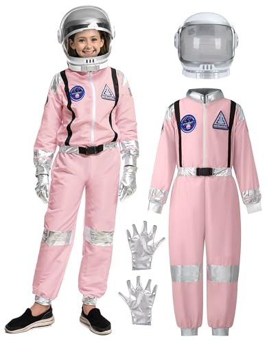 Spooktacular Creations presenta un disfraz de astronauta rosa para niñas, que incluye un traje espacial de rayas plateadas con casco y guantes, ideal para Halloween.(pequeño (5-7 años))