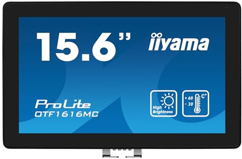 iiyama Prolite OTF1616MC-B1 - Monitor LED VA da 39,5 cm, 15,6, Full HD Semi-Outdoor Frame 10 punti, multitouch capacitivo 935 cd/m² VGA HDMI DP RJ45 IP65 7H Touch attraverso vetro anti impronte