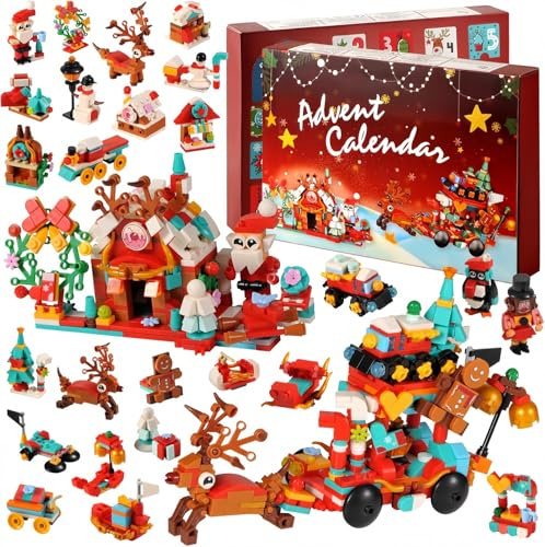 KAHEIGN Calendario de Adviento 2025, Cuenta Regresiva de Navidad de 24 Días con 895 Piezas 12 En 1 Trineo de Papá Noel Casa de Postres Bloques de Construcción para Navideños Regalos Fiesta Decoración