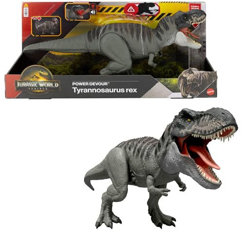 Mattel Jurassic World: El Renacer, Power Devour Figura de tiranosaurio rex con función de mordiscos continuos activada con la lengua, luces y sonidos, juego digital, JGB50
