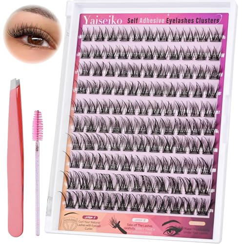 Self Adhesive Eyelashes Kit Wispy Eyelash Extension Self Adhesive Lashes Reusable Press on Lashes No Glue Needed Lash Clusters 10-16mm D Curl Pre Glued Eyelashes Clusters(A01,110Pcs)