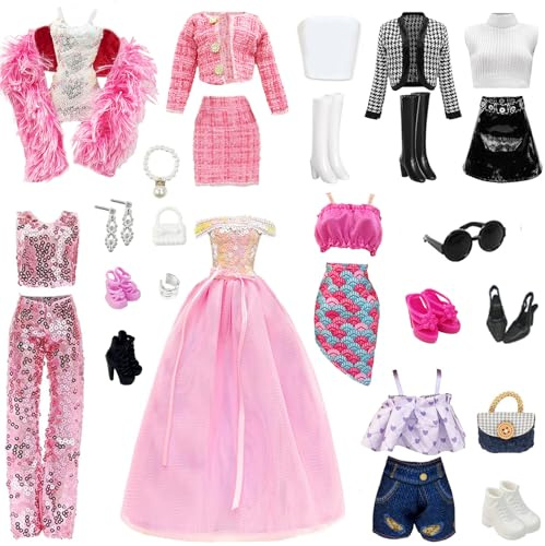28 piezas de ropa y accesorios para muñecas, incluye 7 hermosos sets, también incluye 1 gafa de sol + 2 bolsos + 1 par de pendientes + 1 pulsera + 1 collar de perlas, sets para muñecas de 11,5