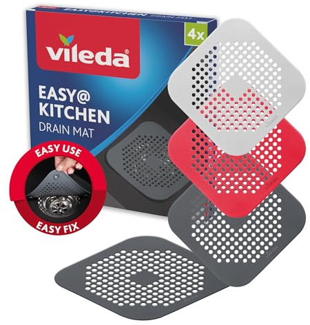 Vileda Filtri di Scarico Set di 4 - Filtro per Lavello, Filtro per Capelli per vasca e doccia - Previene Odori e Intasamenti - Raccogli Capelli Doccia, Copri Scarico Doccia