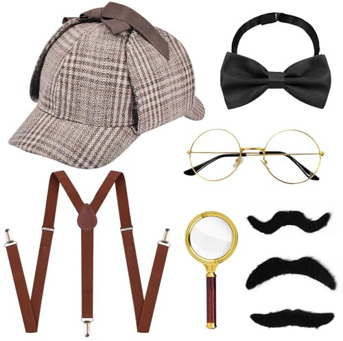 7 Stück Detektiv Kostüm Zubehör Set, 1920er Jahre Detektiv Kostüm mit Detektiv karierten Hut Y-Rücken Hosenträger Fliege Lupe Brille Schnurrbart, Detektiv Cosplay Requisiten für Karneval Cosplay Party