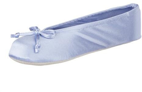 isotoner Women's Classic Stretch Satin Ballerina Slippers with Bow Tie and Leather Sole, Periwinkle, 5-6