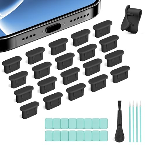 Joremx 20 st USB-C/Type-C Dammpluggar i Silikon (Svart) | 4-i-1-Paket(USB C Portskydd & Rengöringsler), För iPhone 17/16/15/Air-Serien & Laptop Laddningsport Skyddsaccessoarer