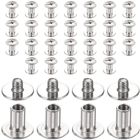 sourcing map 30set Chicago Screw M3x7mm 3mm Length Metal Phillips Nail Rivet Stud Bolts Rivets Binding Post Screw for DIY Leather Belt Bag Craft Bookbinding, Silver