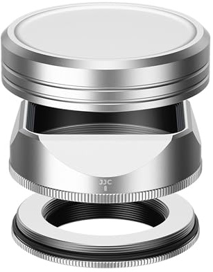 JJC Metall-Bajonett-Gegenlichtblende und -Kappe mit Adapterring, kompatibel mit Fujifilm X-E5 + XF 23 mm F2.8 R WR, XF 27 mm F2.8 R WR, XF27 mm F/2.8, passend für Ф39 mm Filter, ersetzt LH-XF27 Silber