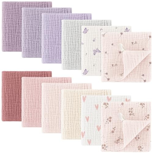 bearmoss Panni in mussola per bambini, 100% cotone, morbidi panni per la pulizia del bambino, traspiranti ed estremamente assorbenti, 12 pezzi da 25 x 25 cm (rosa-viola)