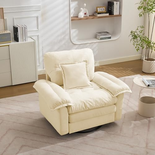 Poltrona girevole per TV, in ciniglia, girevole a 360°, formato oversize, comoda sedia con cuscino di supporto, per camera da letto, soggiorno (beige)