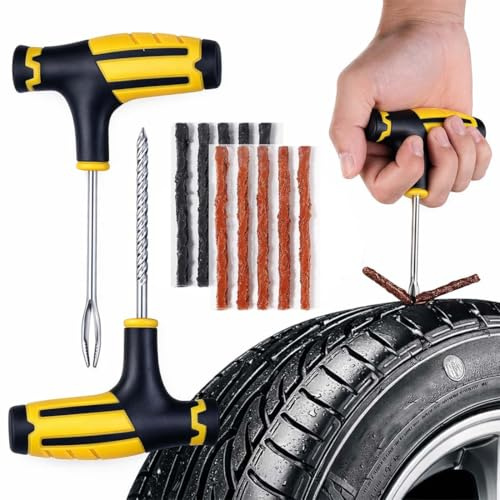 KRFWGUU 12 Piezas Kit Antipinchazos Coche Repara Pinchazos Coche Moto Kit De Reparación De Neumáticos Con 10Pzs Tira De Reparación 2Pzs Herramienta En T De Inserción Para Reparación De Neumáticos