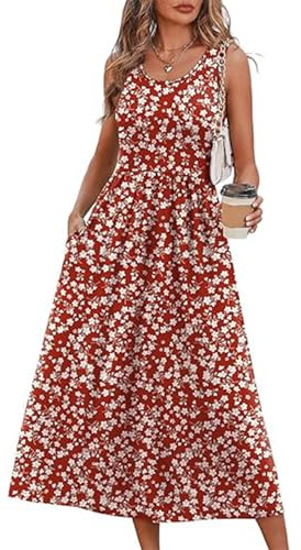 makabaky Robe d'été Femme Longue Fluide à Poches – Robe Portefeuille Col Rond Coupe Trapèze – Tenue Décontractée et Aérée pour Plage, Vacances et Loisirs