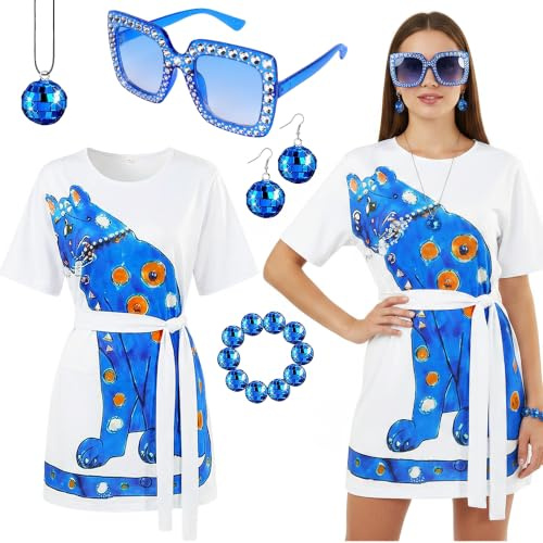 Fictoria 70s Fancy Dress Costume - Blue Disco Party Outfit for Women, 1970s Retro Hippie Dress Up for Halloween Carnival