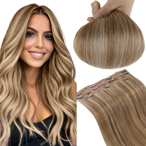 RUNATURE Echthaar Extensions Clip Braun Highlight Blond 30cm Kurz Echte Haare Seamless Haarextension 50g 3 Stück Haarverlängerung #10P16