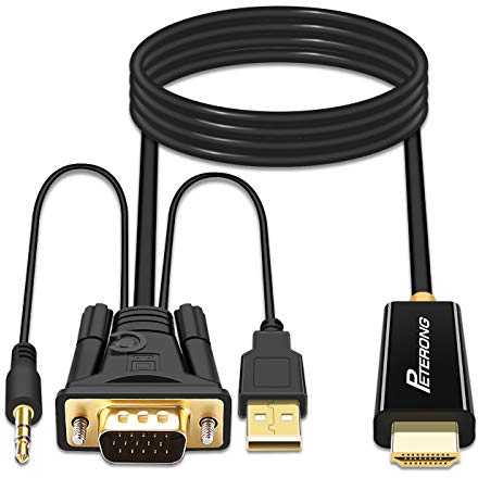 PETERONG VGA to HDMI Cable 180cm 1080P@60Hz VGA to HDMI Adapter with 3.5mm Audio for PC, Laptop, TV Box to Monitor, HDTV, Projector, Screen