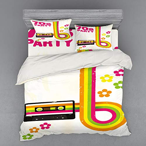Ambesonne 70s Party Bedding Set, Party Flyer Inspired and Curved Stripes with Daisies Audio Cassette Tape, 4 Piece Duvet Cover Set with Shams and Fitted Sheet, King Size, Multicolor