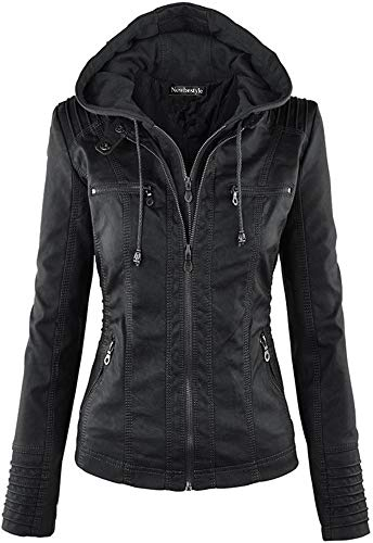 Newbestyle Damen Kunstlederjacke mit Kapuze, gesteppt,Schwarz,38