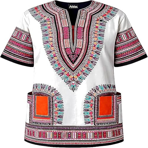 Adalex Global Camisa Dashiki Africana Tradicional Unisex, Talla XL, Blanco/Naranja/Morado, White Orange Purple, 36 Adulto