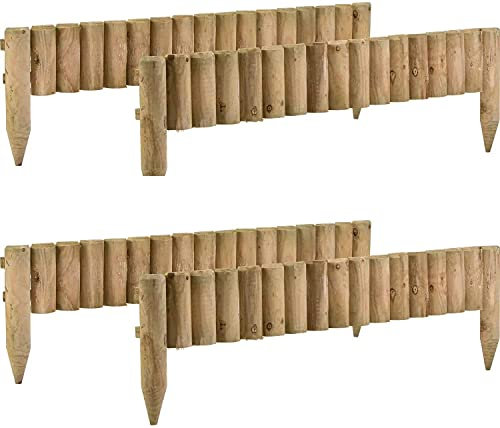 MND Dealings 4-Pack Wooden Fix Picket Log Border Fence, 1m, Brown, for Lawn Edgings, Planters or Garden Sectioning
