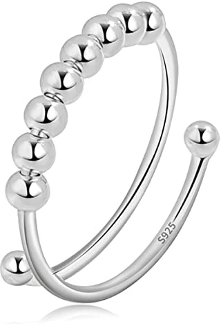 EUDORA Anello Harmony Ball Anti-Stress Argento Sterling 925 Perline Fidget Regolabile Donna - Anelli Anti-Ansia Impilabili Spinner