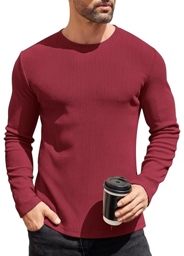 COOFANDY Suéter de Cuello Redondo para Hombre Ajuste Delgado Ligero Manga largasuéter de Punto Rojo M