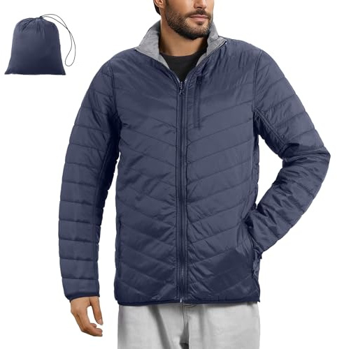 JEMIDI Chaqueta Acolchada Hombre - Plumifero Ultraligero Reversible - Cazadora Ligera Impermeable 5 Bolsillos Cremallera - Con Bolsa de Transporte - Azul Marino/Gris