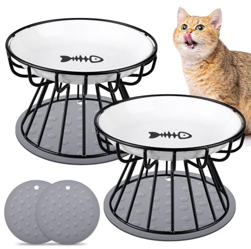 Katzennäpfe Erhöht 2 Stück, Katzennapf Erhöht Keramik, Erhöhter Katzennapf Anti-Erbrechen-Katzennapf, Katzenfressnapf Erhöht mit Rutschfester Matte, Katzen Futternapf Erhöht für Katzen, Kleine Hunde