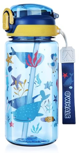 flintronic 600 ml barnflaska med sugrör, återanvändbar läckagesäker vattenflaska, BPA-fri, tritan med handtag, för pojkar, flickor, dagis (blå)