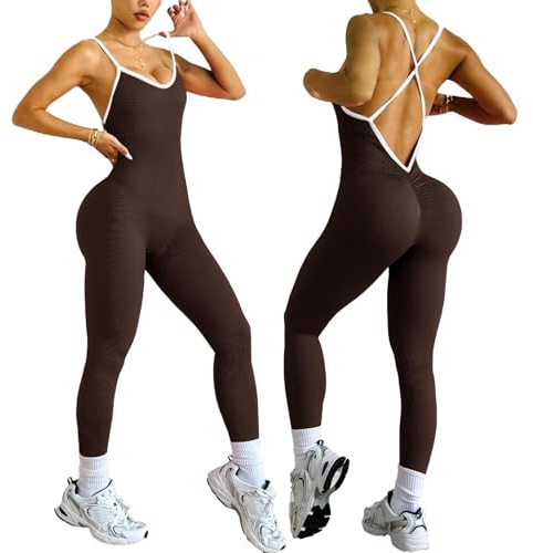 XDSP Combinaison Femme Sport Sans Couture Jumpsuit de Yoga sans Manches Élastique Skinny Une Pièce Survêtements Rembourrée Sexy Gym Combishort Côtelé Barboteuses pour Fitness Jogging