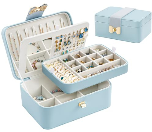 Lolalet Boîte Bijoux Fille, Rangement Bijoux PU Cuir à 4 Couches avec Miroir, Range Bijoux pour Colliers, Boucles d'oreilles, Bracelets -Bleu