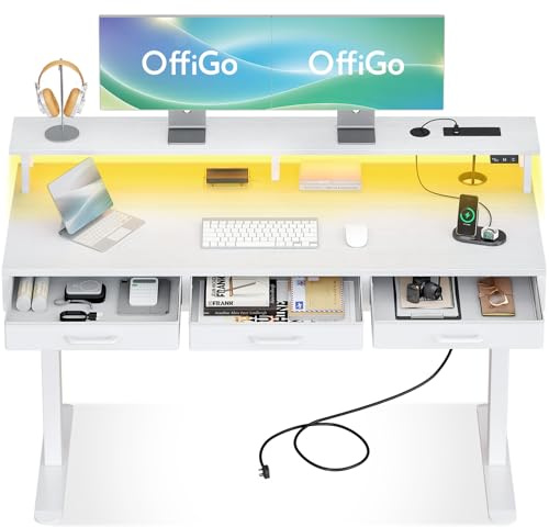 OffiGo Electric Standing Desk, 140 x 54cm Height Adjustable Desk with 3 Drawers, RGB LED Strip & Charging Station for Home Office Computer Workstation, Computer Table with Monitor Stand, White