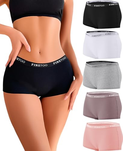 FINETOO 5 Pack Boxer Shorts Women's Underwear Cotton Briefs Breathable Shorts Ladies Cotton Panties Hipsters Soft Women Multi Pack S-XL | Full Coverage,Stretch Waistband,Girls Panties,Daily Wear,Under Dress,5 Pack,Plus Size,S-2XL,Stay in Place