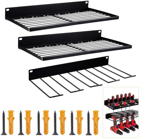 Moendergo 3 Tier Power Tool Storage Rack, Wall Mounted Drill Rack Holder for 5 Power Drill Tool,Heavy Duty Metal Tool Organizer Set for Garage, Home, Workshop (Black)