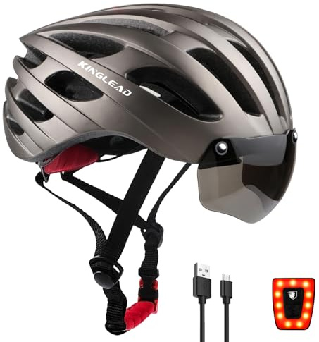 KINGLEAD - Casco de bicicleta para hombre y mujer con cristal magnético y carga USB, luz LED, casco de bicicleta ligero y ajustable para ciclismo y bicicleta de montaña, 54-58 cm