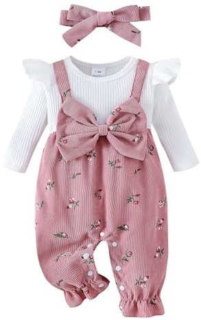Vioyavo Infant Baby Girls Jumpsuit Set Spring Fall Long Sleeve Floral Print Playsuit Fake Two Pieces Patchwork Bow Romper Headband (Pink, 12-18 Months)
