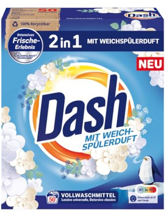 Dash 2in1 Vollwaschmittel Pulver mit Weichspülerduft 50WL - Intensiv-Frische & Strahlende Sauberkeit - Bloomful Wave™ Technologie für Weiße Blütendüfte - 3kg