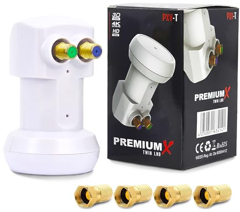 Premium X PXV-T Twin LNB – 2-fack LNC-huvud med LTE-filter – 2 deltagare – SAT Digital DVB-S2 4K HD 3D – guldpläterade kontakter – vit – extra liten – inklusive 4X F-kontakt