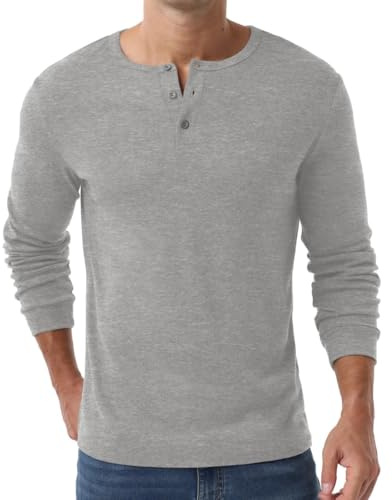 PrinStory långärmad tröja herr Henley vinter fritid knapp t-shirt stickad tröja t-tröjor för män, LJUSGRÅ, M