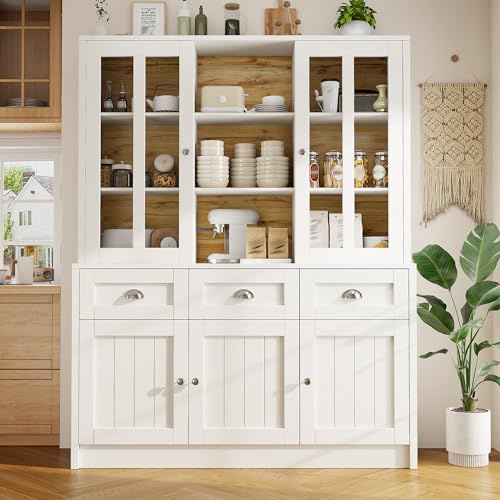 Yihomfy Buffet Cuisine Rangement 140 x 175 cm, Armoire de Cuisine Haute, Meuble de Cuisine avec Tiroirs, Vaisselier Moderne Minimaliste, Vitrine Autoportante pour Salon, Salle à Manger, Cuisine, Blanc