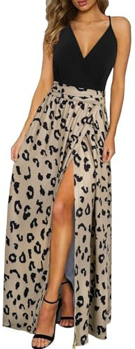 Newshows Womens' Boho Maxi Dress Summer Vacation Outfits 2025 Wedding Guest Country Concert Teacher Dresses Casual Beach Work Long Flowy Dresses Business Casual Sundress(Black Floral Leopard,L)