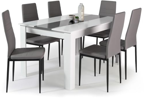 IDMarket - Mesa de Comedor Georgia 140 cm Blanco y Gris y Juego de 6 Sillas Romanas Gris