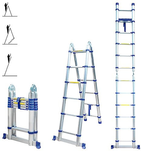 Echelle télescopique articulée 3,8m STEMPAKT, escabeau 2x6 marches Pliable Professionnel Multifonction, H Max Travail 4,7m, Garantie 5 Ans, Hoström